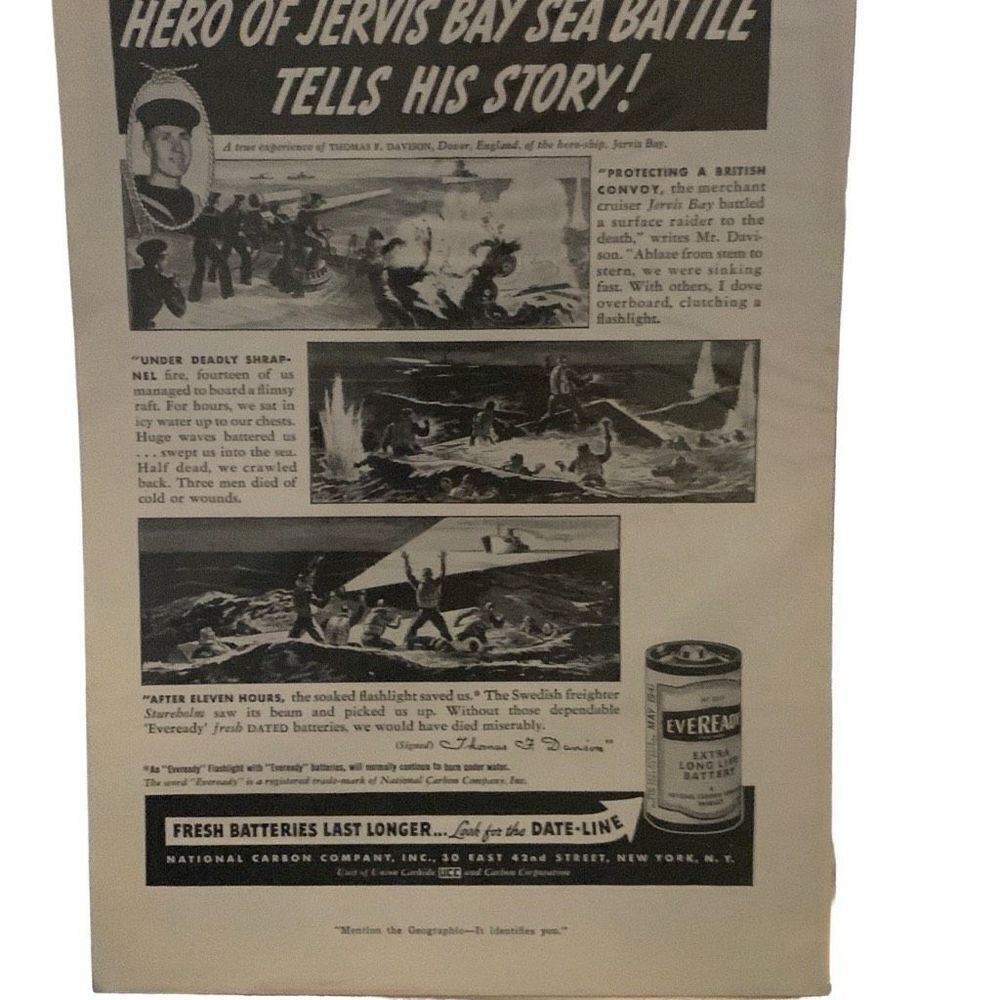 Vintage 1941 Eveready Batteries Hero of Jervis Bay Sea Battle Ad Advertisement
